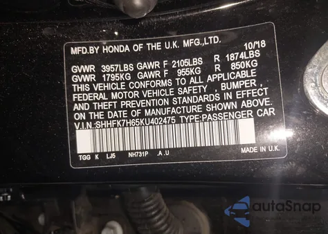 2019 Honda Civic Ex from USA, damaged, VIN SHHFK7H65KU402475